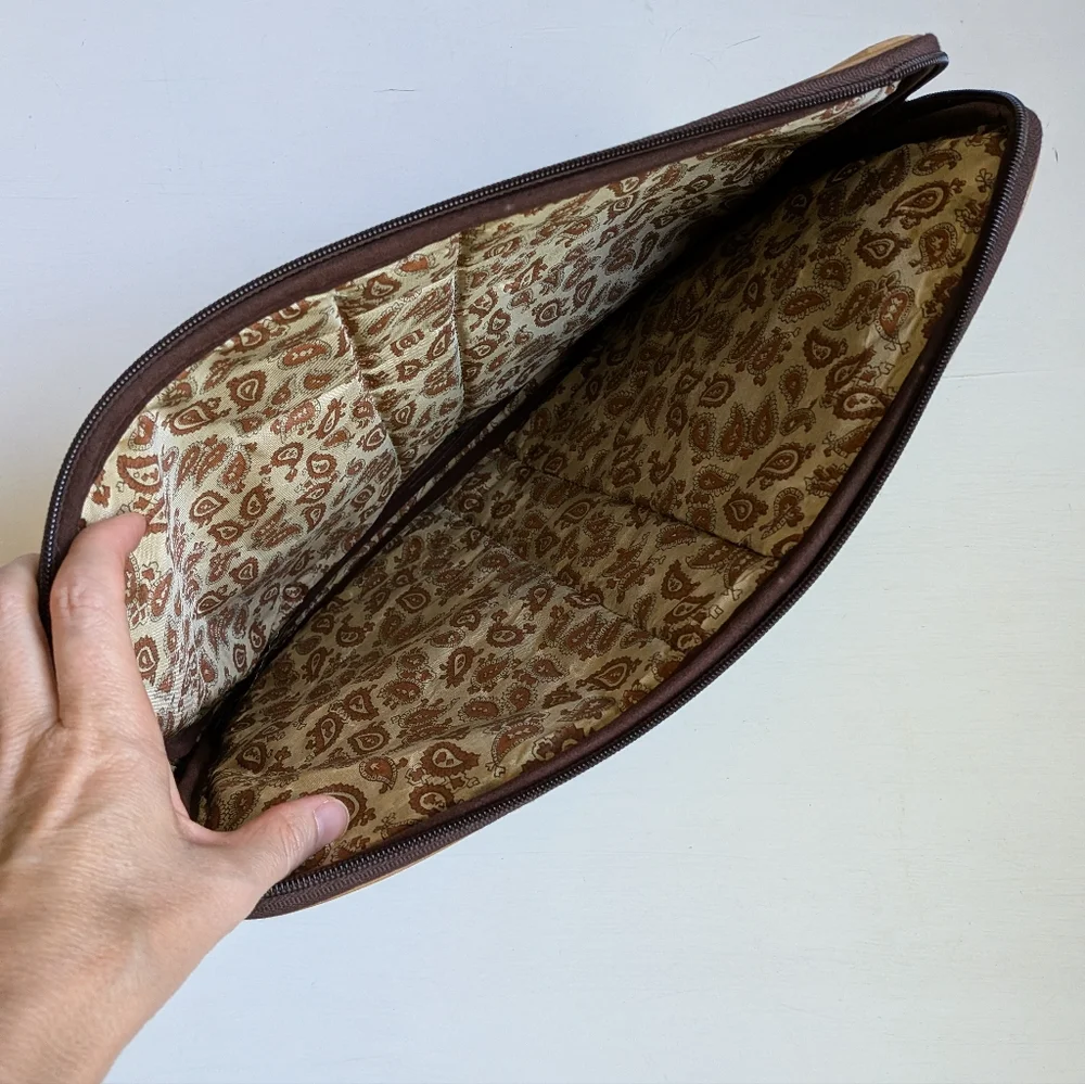 Tan Suede Laptop Document Bag Case with Stripe Detail